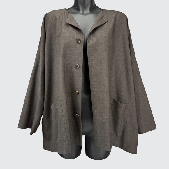 ESKANDAR Oversized Collarless Boxy Wool/Cashmere Silk Lined Gray Jacket Size 1 - Picture 2 of 7